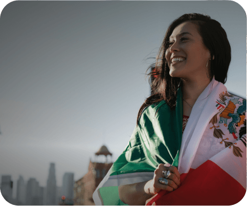 Immigrant wrapped in flag of birth country